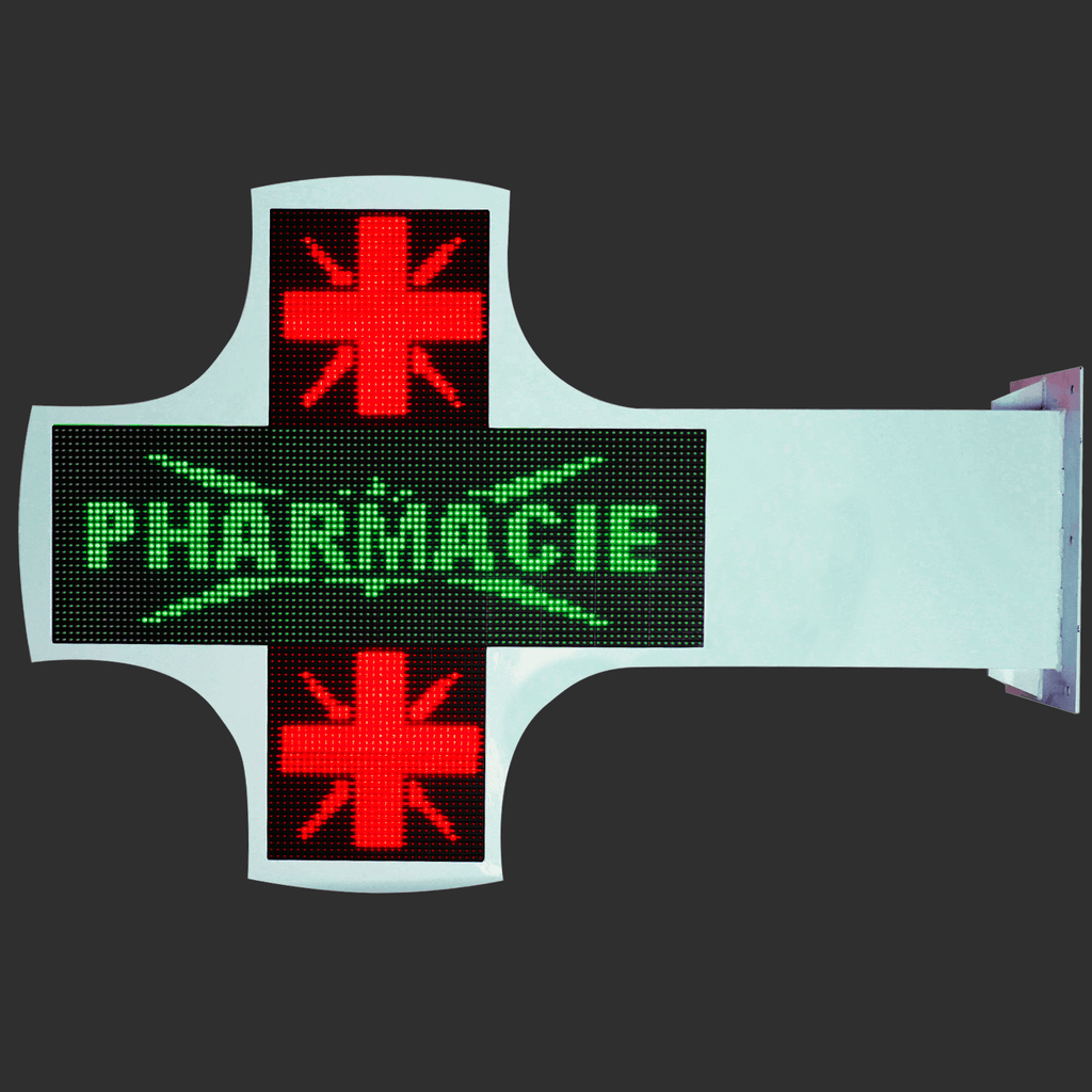 Croix Pharmacie LED personnalisable, vue de face installée en façade d'officine - AZNEW