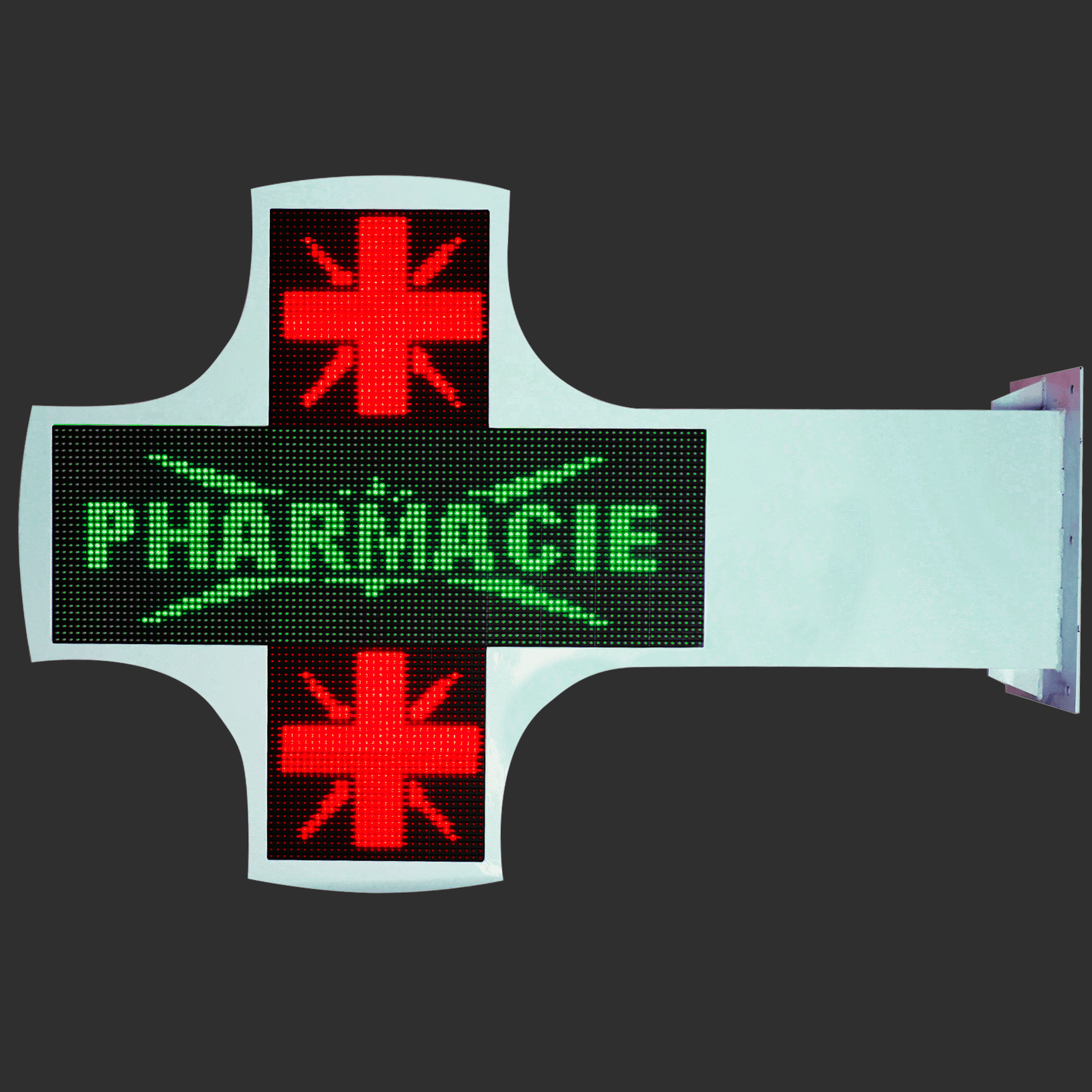 Croix Pharmacie LED personnalisable, vue de face installée en façade d'officine - AZNEW