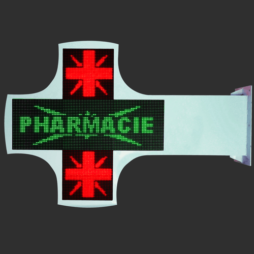 Croix Pharmacie LED personnalisable, vue de face installée en façade d'officine - AZNEW